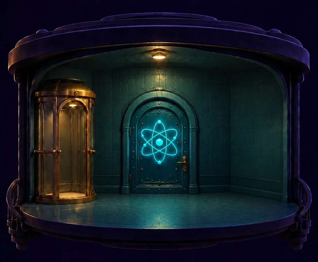 Ilustração do laboratório do Ozzy: porta com símbolo de átomo neon, tubos steampunk e frascos de poção